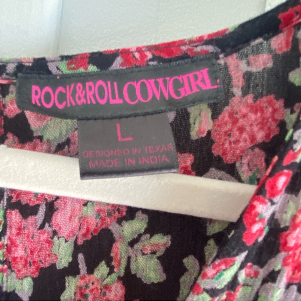 Rock & Roll Cowgirl Black Red Floral Dress Valentines Bell Sleeve Flowy Flirty L - Picture 3 of 8